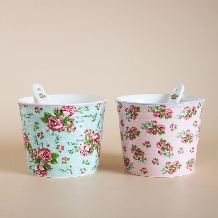 Керамическая идиллическая пудровая миска для пудинга с синим цветком/чашка