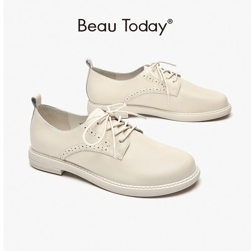 

BeauToday Casual Shoes Women Genuine Cow Leather Round Toe Lace-Up Brogues Derby Shoes Ladies Spring Autumn Flats Handmade 21857