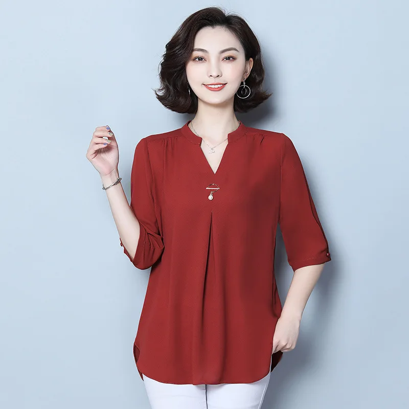 

Женские блузки размера плюс 4XL, Новые Летние Осенние шифоновые рубашки с коротким рукавом, офисные женские топы с v-образным вырезом, свободн...