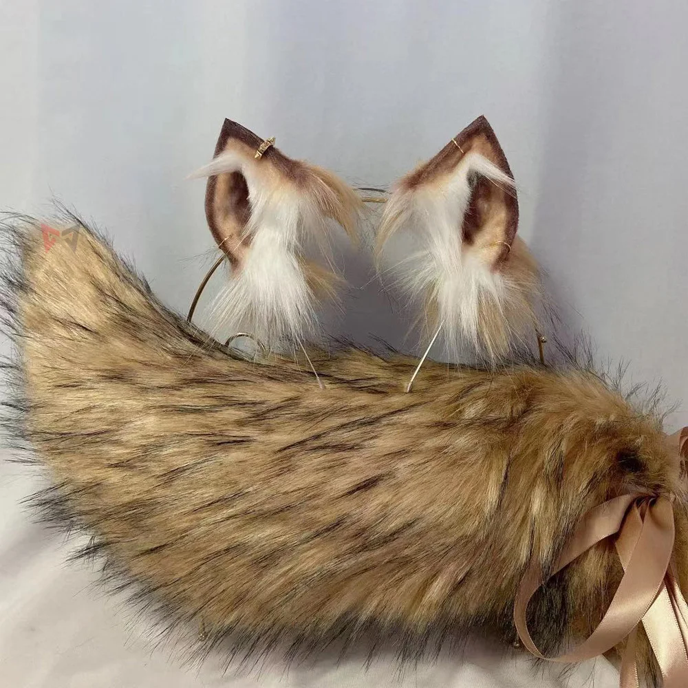 Обруч для волос коричневый кофейный с маленькими молочными лисьими ушками обруч