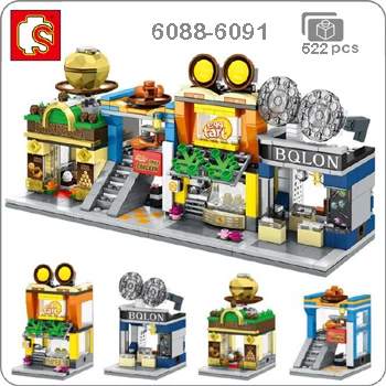 6088-6091 Sembo Mini City Street, кофейная пицца, хижина, магазин, ресторан, Китай, городской набор, 3D модель, блоки, строительные игрушки для детей, без коробки - Цвет: 6088-6091