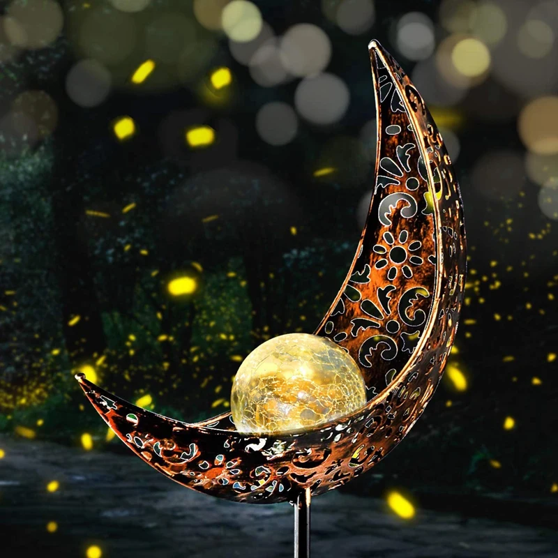 

Garden Solar Light Outdoor Decorative, Moon Decor, Crackle Glass Ball Metal Garden Stake Light for Pathway, Lawn, Patio, Yard