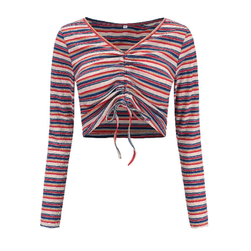 Special Offer Hot Sale Korean Crop Tops 2020 Spring Stripe vintage new women shirts Long sleeve sexy small V-neck Slim blouse