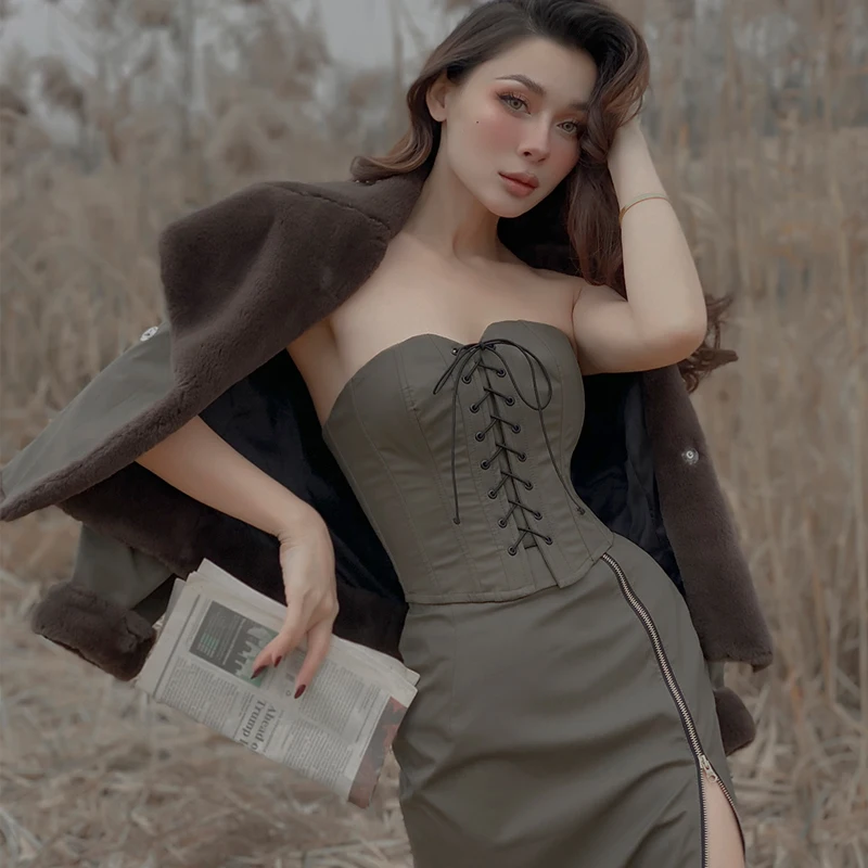 

Le Palais Vintage 2021 New Fall Fashion Original Safari Style Tank Top Women Off Shoulder Backless Sexy Bandage Slim Bustier Top