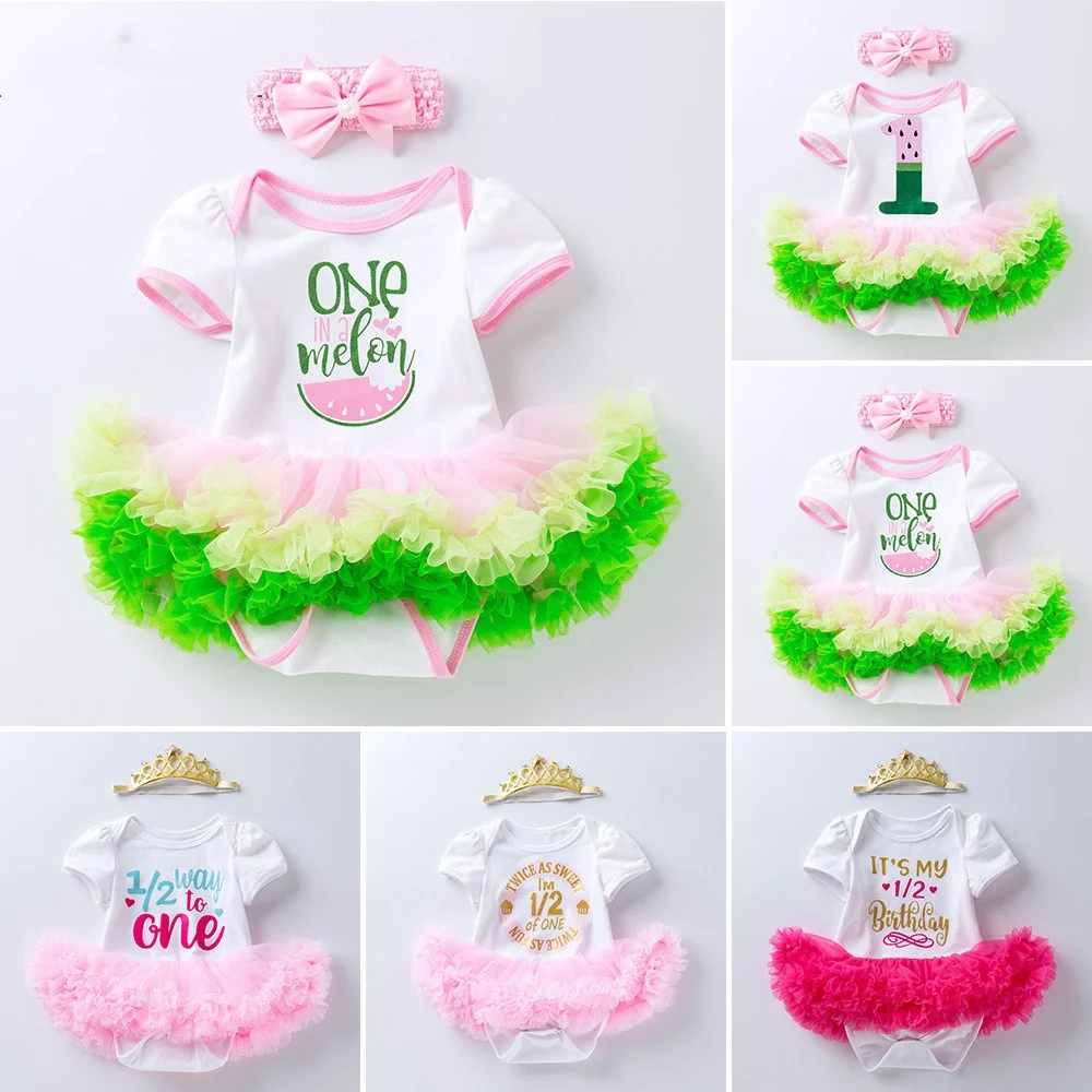 

Summer Baby Girl Siamese Romper + Headband Set 0-2 Year Old Baby Short-Sleeved Cartoon Printed Romper Dress With Two-Piece