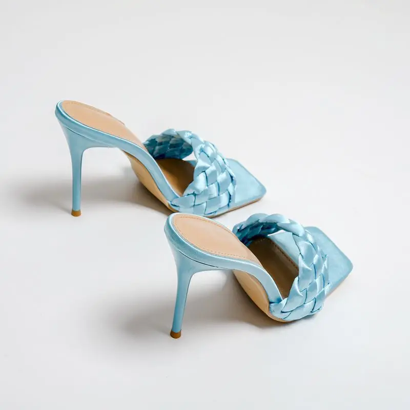 

Shoes Woman 2021 Female Slippers Square Toe Big Size Heeled Mules Lady New High Thin Girl Basic PU Rubber Fabric Slides Fretwork