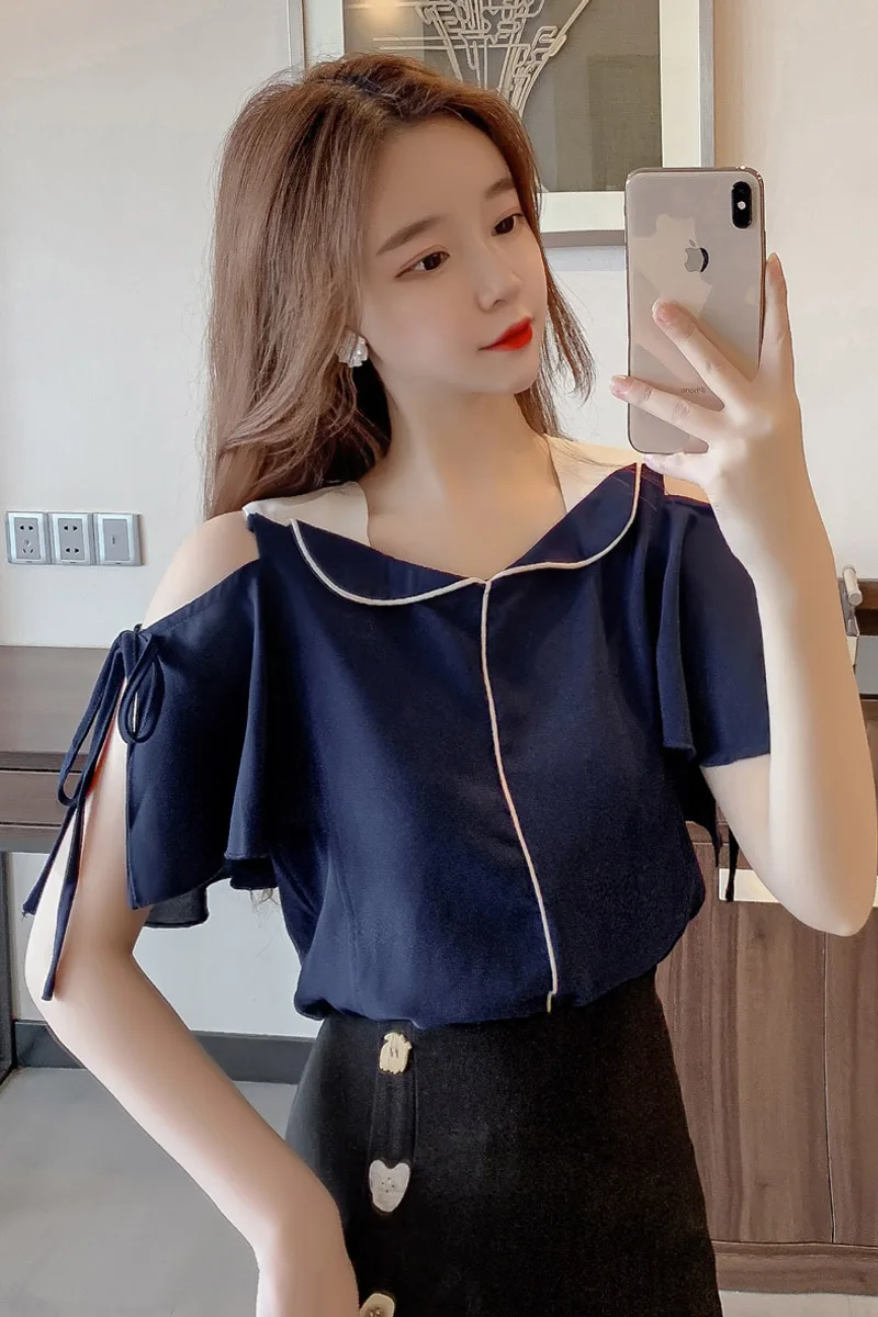 

COIGARSAM Short Sleeve blouse women Summer Loose Chiffon Turn-down Collar blusas womens tops and blouses White Blue 6931