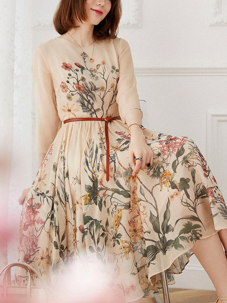 

New High end printed silk dress mulberry silk chiffon A-line skirt swing skirt summer fairy dress slim
