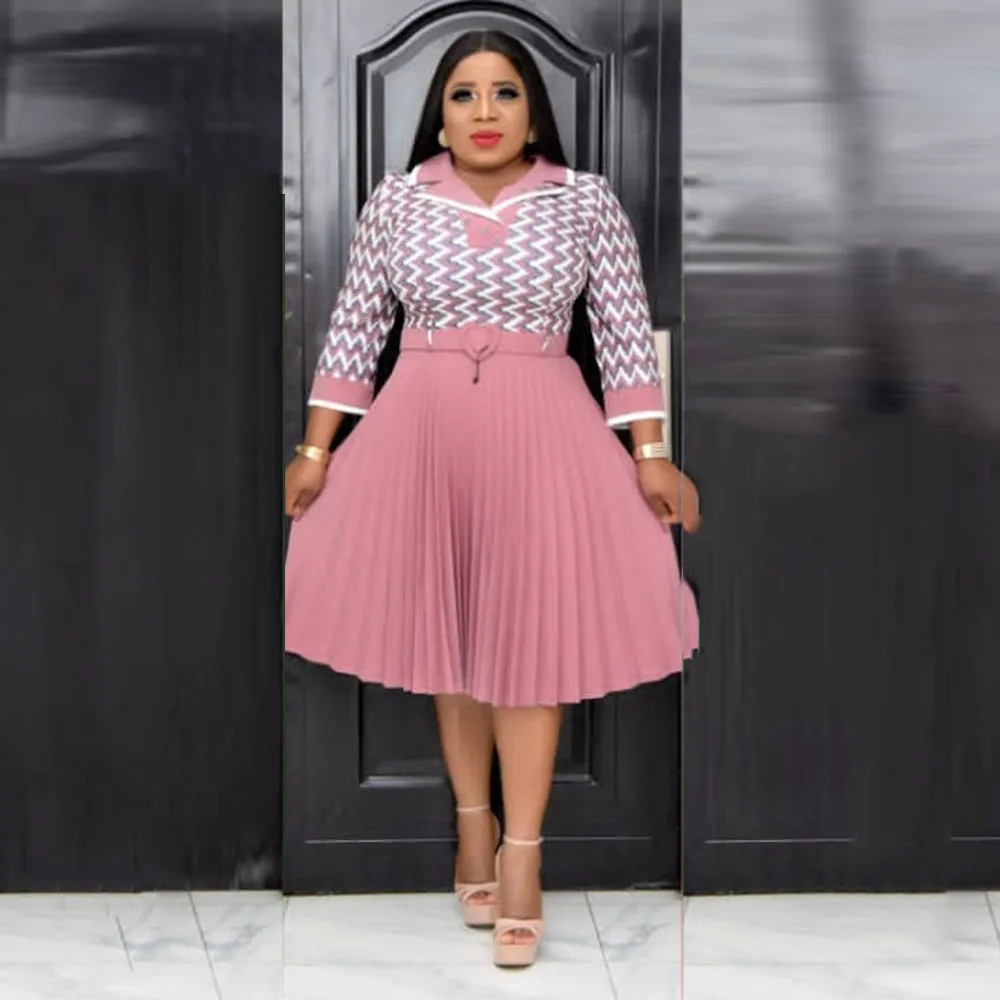 

2021 Autumn Winter New Dress Fashion Printing Stripe High Waist Creasing Splicing Lapel Long Sleeve Temperament Commute Womens