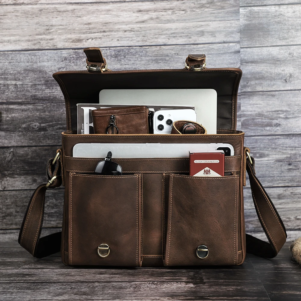 Vintage Crazy Horse Leather Men Briefcase Laptop Bag Office Business Bag Genuine Leather Men Shoulder Crossbody Briefcase