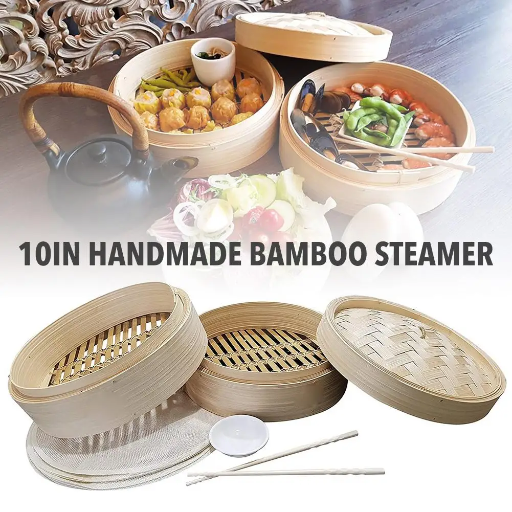 

10inch Handmade Bamboo Steamer With Chopsticks 10 Liners & Sauce Dish 2 Tier Baskets Healthy Cooking For Dim Sum Dumplings Buns