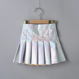 Girls shiny pleated skirt  children's clothing girls silver leather skirt short skirt, suitable for 