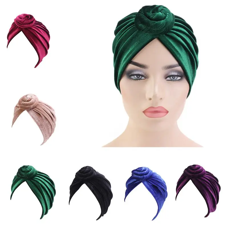 

Womens Ethnic Turban Hat Spiral Knotted Flower Stretch Hair Loss Chemo Cap Velvet Glitter Solid Color Muslim Headwrap
