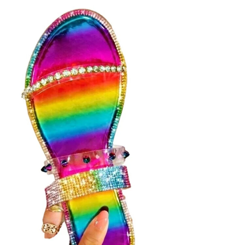 

2021 Women Rainbow Slippers Crystal Transparent Slides Ladies Rivet Flats Sandals Mixed Color Slip on Beach Shoes Bling Female