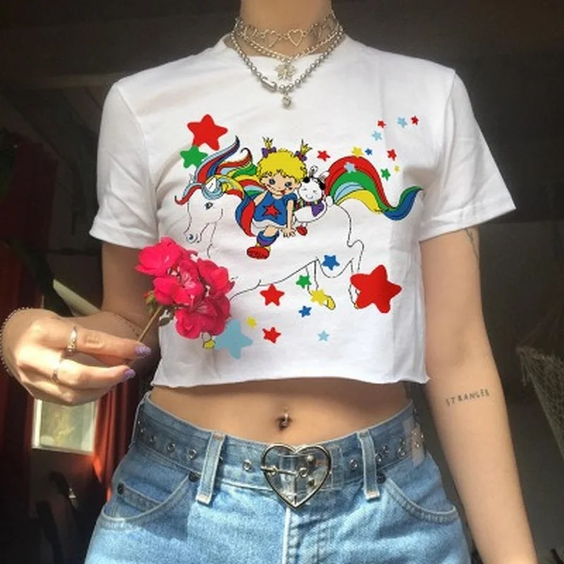 

European and American haute couture fashion spring and summer fashion fun cartoon trend printing sexy ladies tops T-shirts