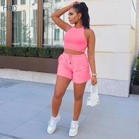 haoyuan sexy two piece set sleeveless vest crop top lace up shorts for women summer clothes tracksuit loungewear matching sets