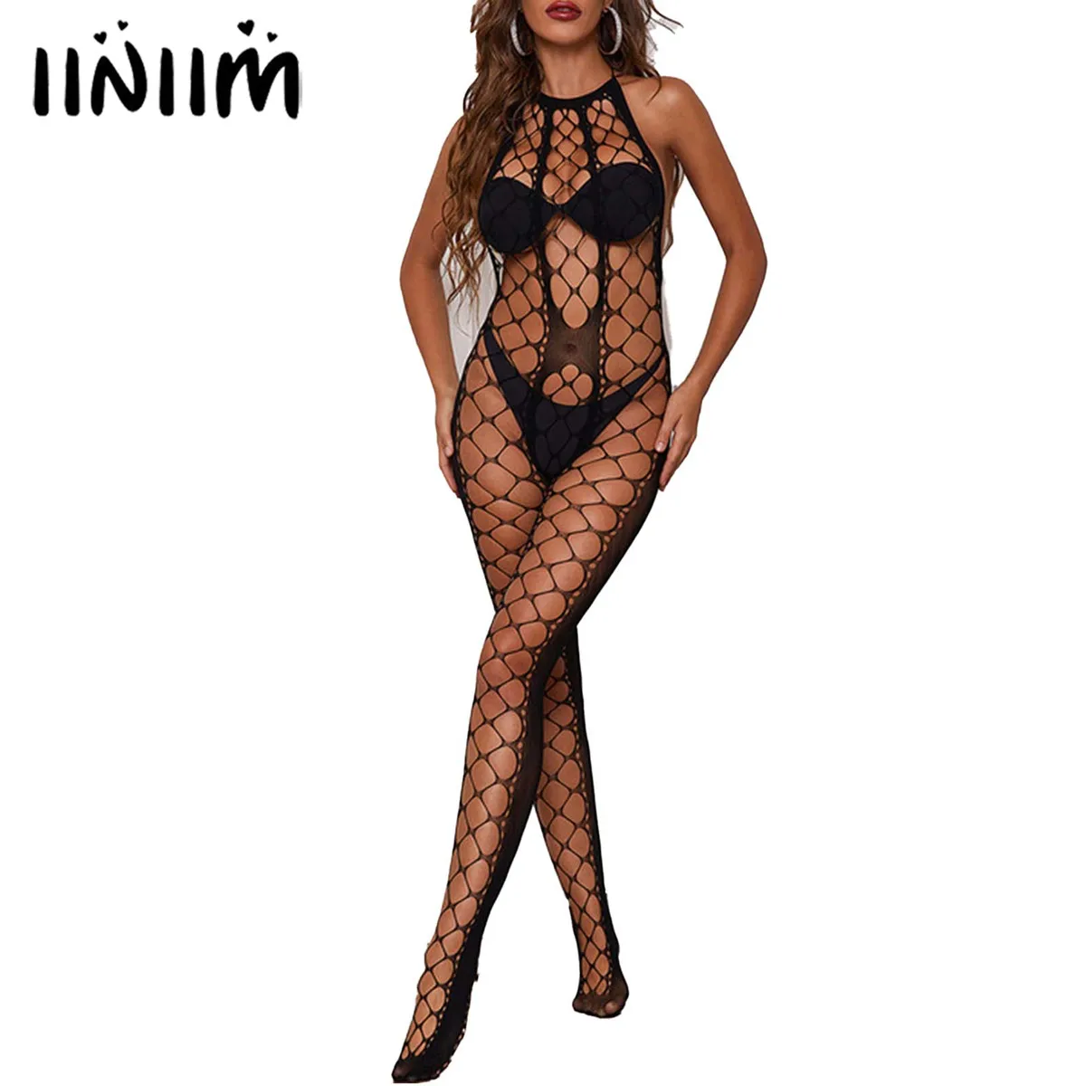 

Черный женский Ажурный комбинезон, боди без рукавов с вырезами, нижнее белье, прозрачное Сетчатое трико, боди