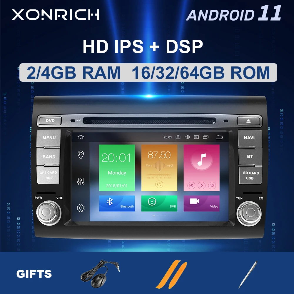 Автомобильный мультимедийный плеер 4 Гб + 64 IPS DSP 2 Din Android 11 для Fiat/Bravo 2007 2008 2009 2010 2011