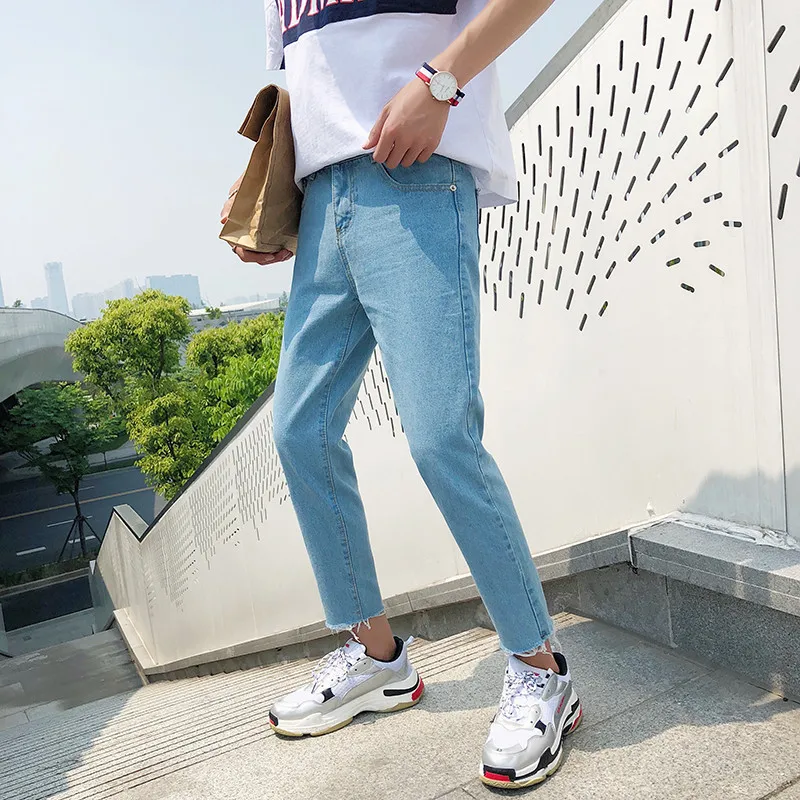 

Summer Loose Thin Straight Jeans Boys All-Matching Korean Style Fashion Pants Men's Raw Hem Wide Legs Cropped Pants