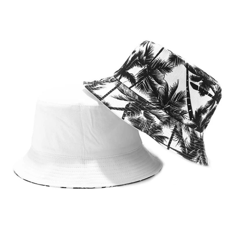 

2021 New Unisex Fashion Summer Reversible Black White Coconut Tree Printed Fisherman Caps Bucket Hats Men Women