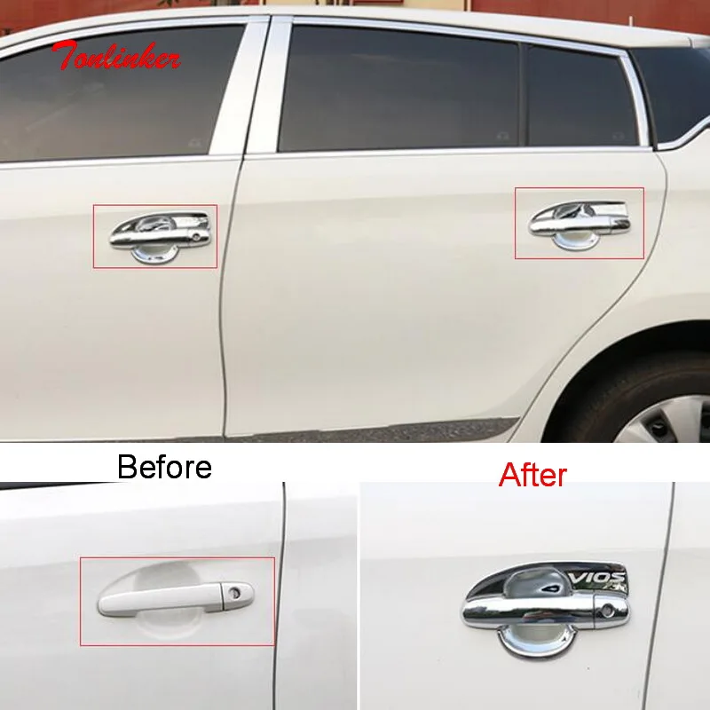 

Наклейки Tonlinker для наружной дверной ручки автомобиля, наклейки для Toyota Vios/Yaris 2014-19, Стайлинг автомобиля, 4/8 шт., хромированные наклейки из АБС-...