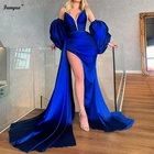 Женское атласное платье-Русалка Funyue, синее плиссированное платье с высоким разрезом и длинным рукавом, бальное платье для выпускного вечера, 2021