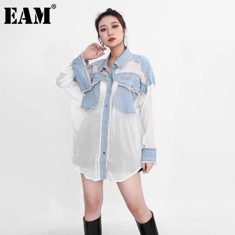

[EAM] женская шифоновая Джинсовая блузка большого размера, новая свободная рубашка с отворотом и длинным рукавом, модная весенне-осенняя 2022 ...