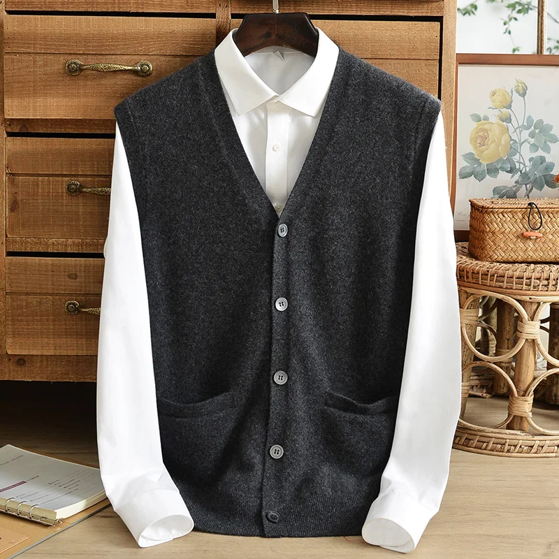 Мужской однобортный жилет из чистого кашемира мягкий теплый повседневный