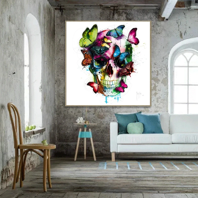 

RELIABLI ART Canvas Painting Colorful Skull Abstract Butterfly Posters And Prints Modern Decorative Pictures Wall Art Unframed