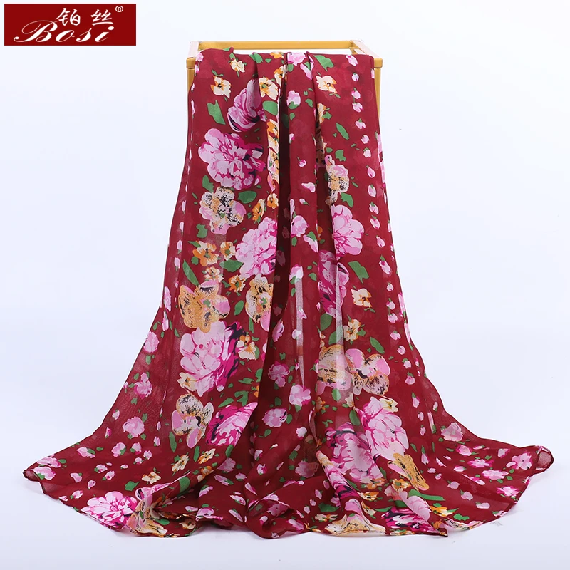 Женский длинный шифоновый шарф с цветочным принтом разноцветный хиджаб красные