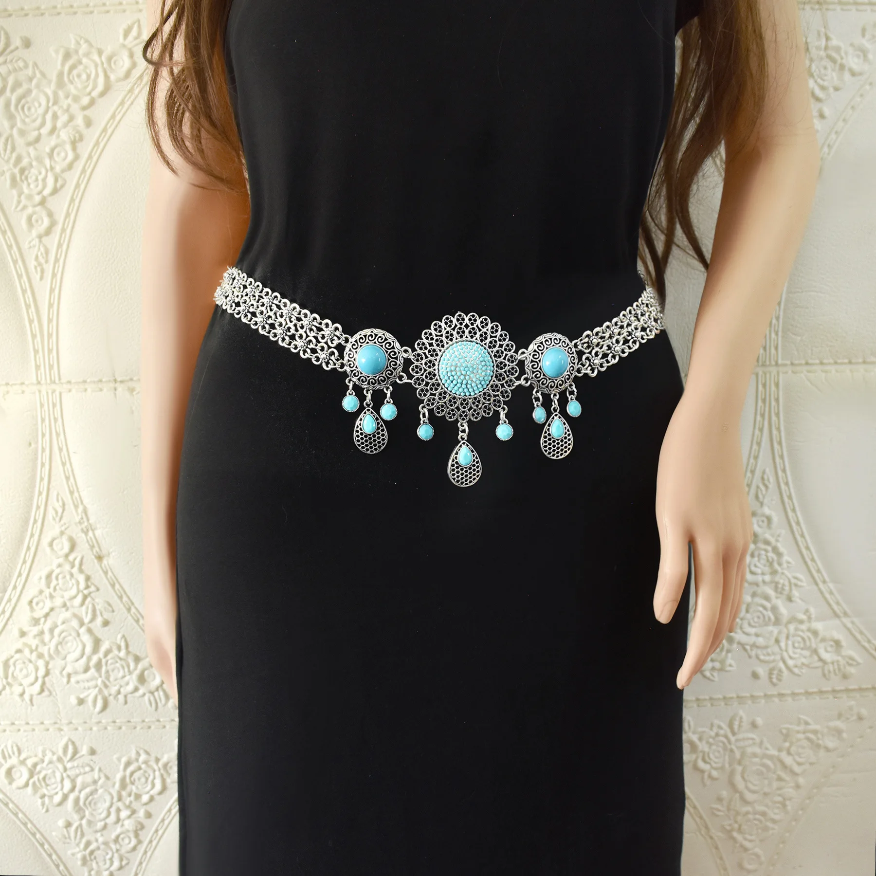 

Vintage Metal Hollow Flower Blue Stone Belly Waist Chains for Women Boho Wedding Party Dance Belt Body Chains Party Jewelry