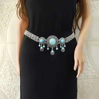 vintage metal hollow flower blue stone belly waist chains for women boho wedding party dance belt body chains party jewelry