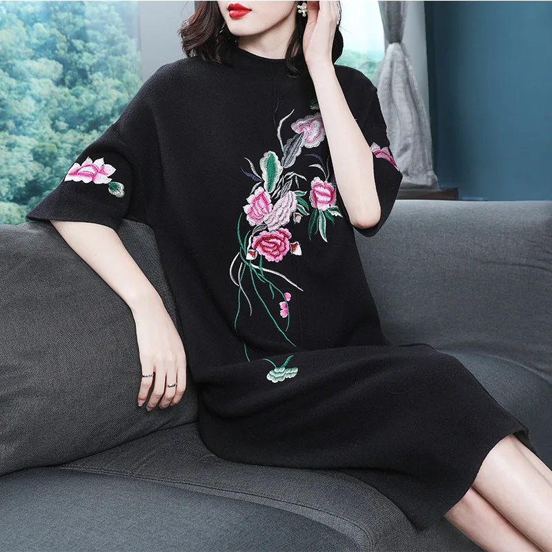 Autumn And Winter Knit Wool Dress Vintage Style Embroidery Refined Elegant Loose Women Dress S-2XL