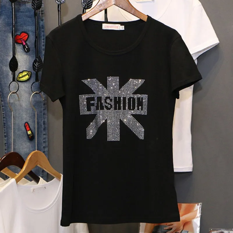 

Summer Women 2021 Rhinestone Bling T-shirt Clothing Short Sleeve Y2k Top High Quality Black Harajuku Female T Shirts Streetwear