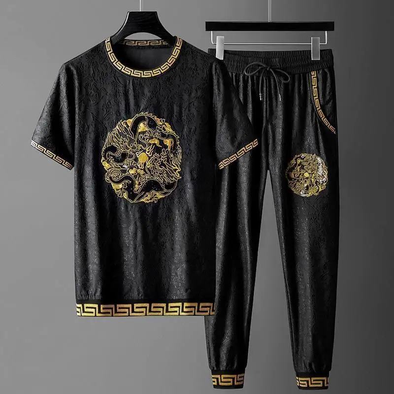 

2021 Summer New Dragon Embroidered Short Sleeve Leisure Sports Outfits Men's Korean Style Fashion Match Two-Piece Tide
