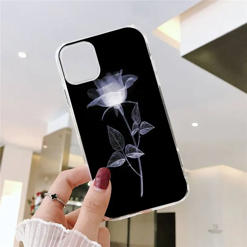 

Beautiful black white Rose flower Phone Case Transparent soft For iphone 5 5s 5c se 6 6s 7 8 11 12 plus mini x xs xr pro max