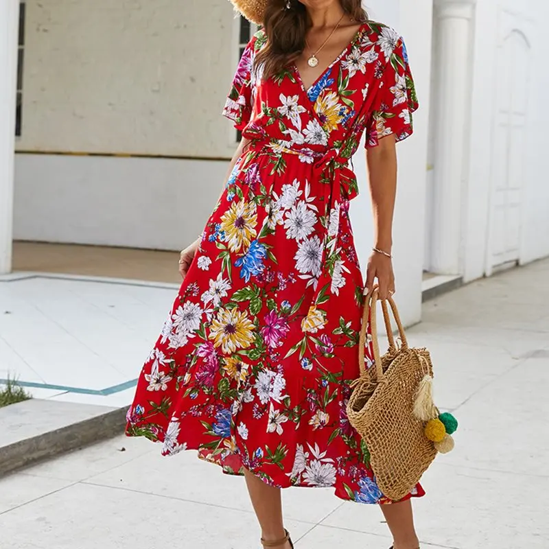 Модное платье в стиле бохо с цветочным принтом летнее 2020 элегантное сексуальное