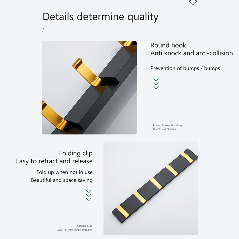 

Folding Towel Hanger 2Ways Installation Wall Hooks Coat Clothes Holder for Bathroom Kitchen Bedroom Hallway, Black Gold