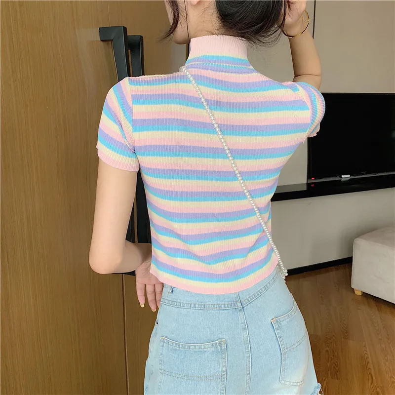 2020 Summer Ice Cream Tee Shirt Female Rainbow Striped Knitted Crop Top Women Short Sleeve Slim Fit T shirt Sweet Preepy Style | Женская