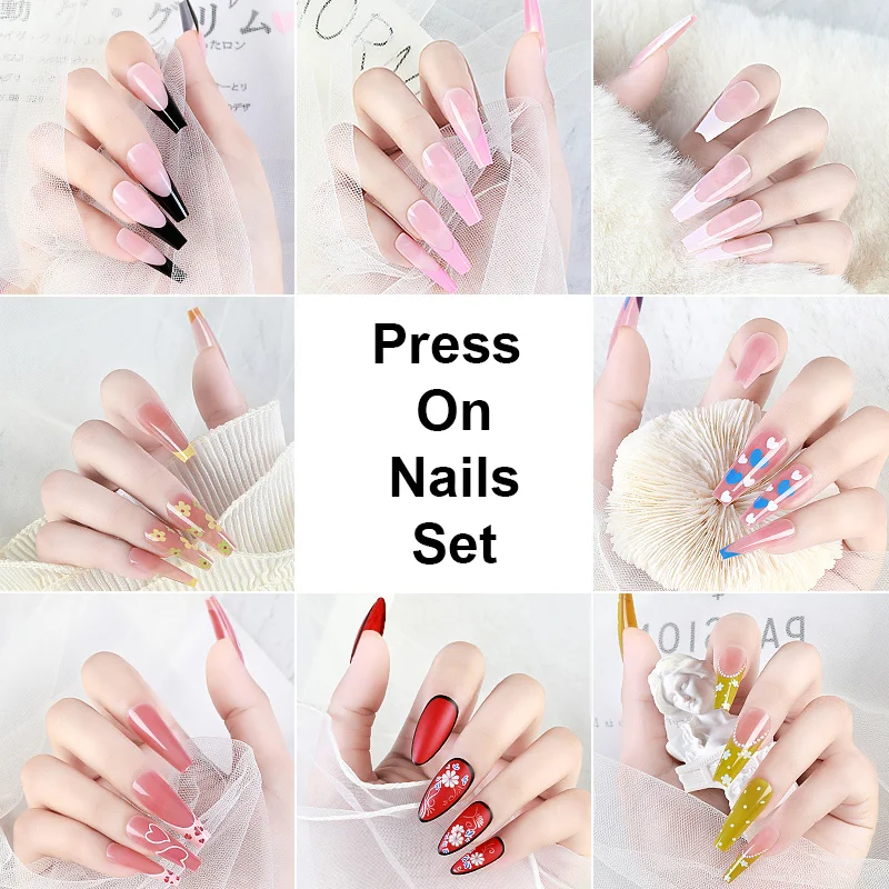

24pcs Fake Nail Tips Long Coffin False Nail Artificial Tips Set With Design Full Cover for Press On Nails Fake Extension Tip