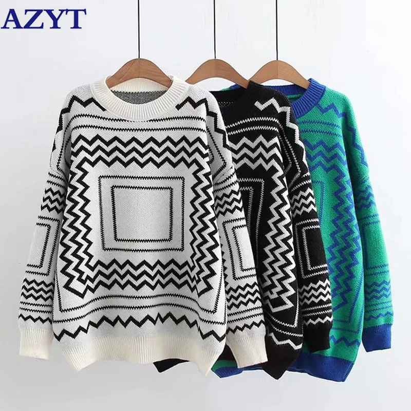 

AZYT Autumn Winter O Neck Pullover Women Sweater Vintage Panelled Loose Jumper Knitwear Tops Female Casual Women Sweater