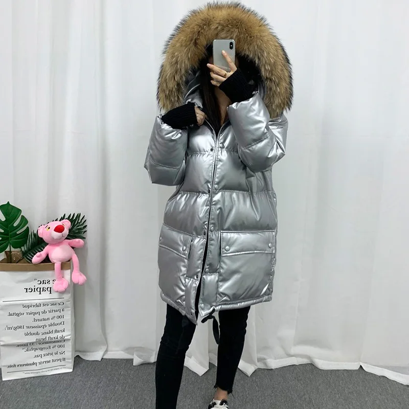 

Leiouna Real Natural Bright Skin Lady Fur Bright Side Down Coat Black Thicken Vintage Long Women Waterproof Duck Down Parka Coat