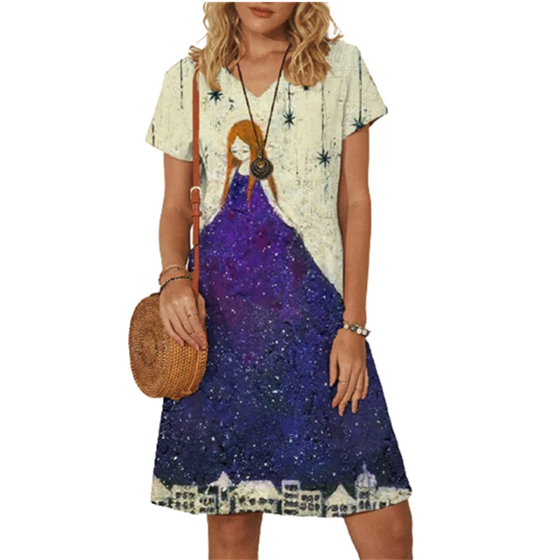 

Платье женское пляжное ТРАПЕЦИЕВИДНОЕ с коротким рукавом и V-образным вырезом