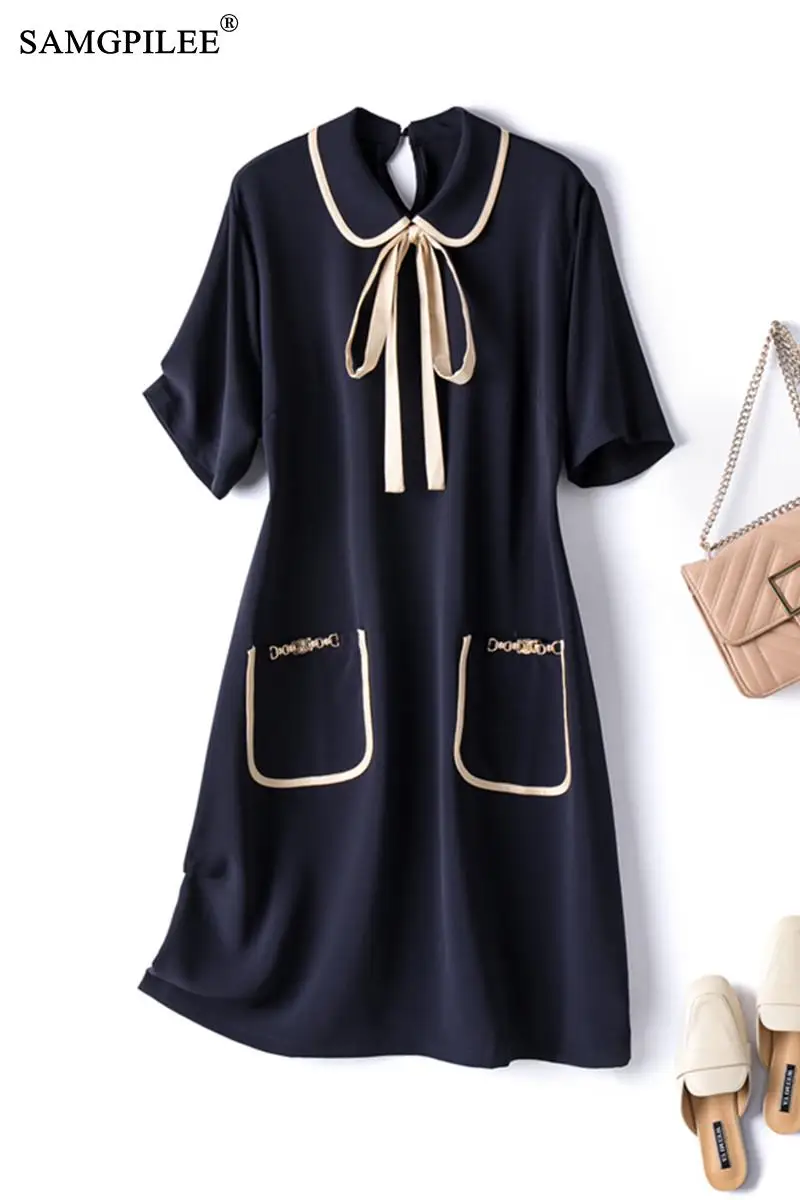 

Summer Dresses 2021 New Fashion Office Lady A-line Solid Short Sleeve Bow Peter Pan Collar Plus Size Women Dress Elegant Vadim