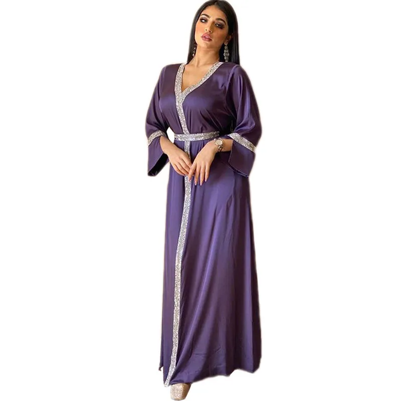 Кафтан мусульманин Абаи Стразы длинное платье класса люкс Jilbab Для женщин Дубай, с v-образной горловиной, свободного покроя, платье макси хал...