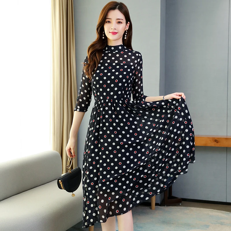 

Spring Autumn Plus Size Vintage Midi Dress Women 2021 Summer Bodycon Maxi Dress 3/4 Sleeve Party Black Casual Polka Dot Vestidos