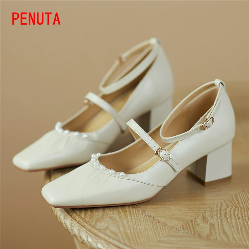 

Женские винтажные туфли-лодочки, туфли из натуральной кожи с ремешком на щиколотке, с жемчугом и бисером, с квадратным носком, модель P14P, 2021