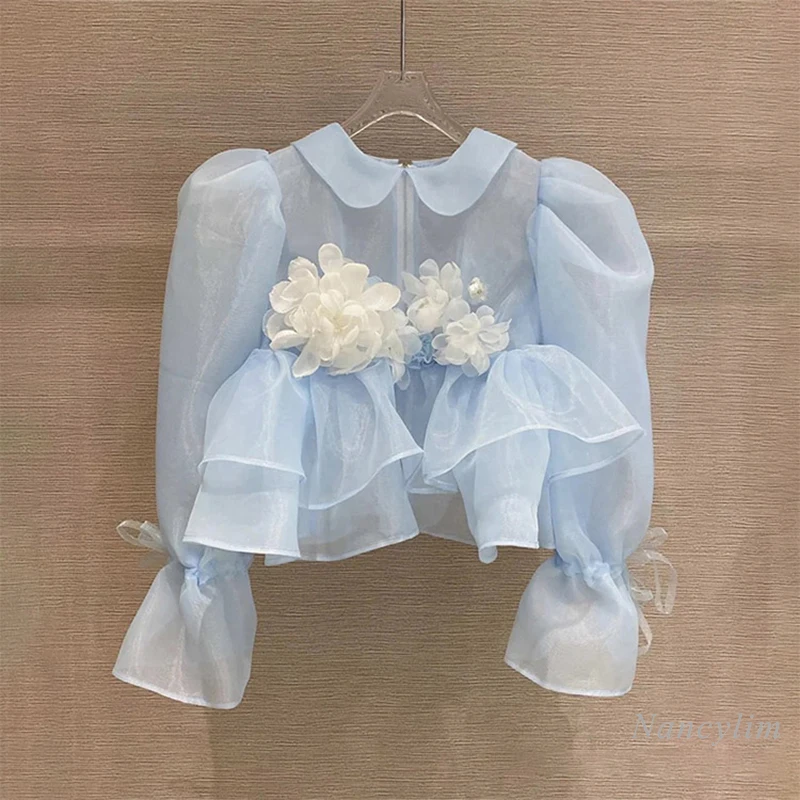 

Retro Peter Pan Collar Blouses Femme Chic Flower Ruffled Blue Shirt Women's Summer Short Top Blusas Mujer De Moda 2021