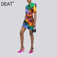 deat women niche print set colorful fade dye short sleeve t shirt pleated half skirt two pieces suit 2021 summer gx1134