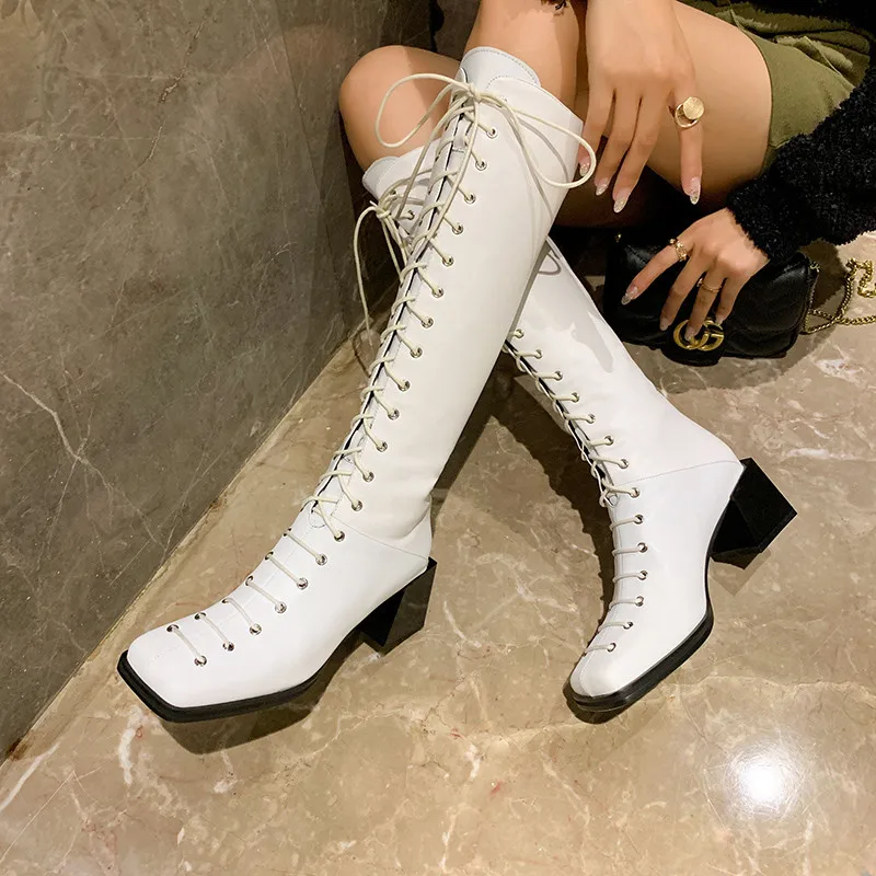 

MORAZORA 2021 New brand genuine leather knee high boots fashion thick heels square toe winter shoes top quality women boots